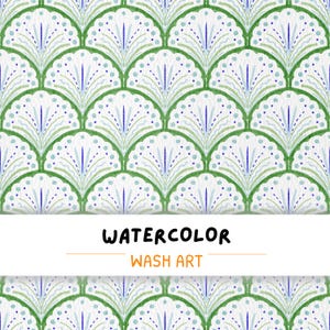 May include: Watercolor wash art pattern featuring a repeating fan-like design in shades of green, blue, and white. The pattern has a textured appearance, with the words "WATERCOLOR WASH ART" in black text.