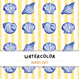 以下が含まれることがあります： 水彩画のウォッシュアート。青い貝殻が黄色と白のストライプの背景に描かれています。画像には、黒とオレンジ色のテキスト「WATERCOLOR WASH ART」が含まれています。貝殻はさまざまな向きに配置されています。