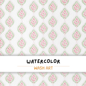 May include: Watercolor wash art design featuring a repeating pattern of pink floral motifs within green leaf-shaped borders, connected by dotted lines, set against a textured white background. The text "WATERCOLOR WASH ART" is displayed in a white rectangle.