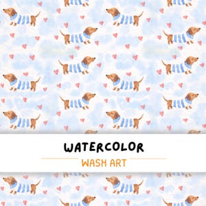 May include: Watercolor pattern featuring repeating dachshunds wearing blue and white striped sweaters, interspersed with small pink hearts, set against a light blue, cloudy background. The text "WATERCOLOR WASH ART" is displayed in a white rectangular banner.