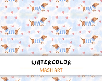 May include: A repeating watercolour pattern of dachshunds in blue and white striped sweaters, with pink hearts on a light blue, cloudy backdrop. The text "WATERCOLOR WASH ART" is displayed in a white rectangular banner.