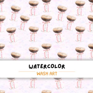 Könnte beinhalten: Wiederholendes Aquarellmuster mit braunen Objekten, rosa Bändern und weißen Ständern. Der Hintergrund ist hellrosa mit kleinen, bunten Formen. Der Text "WATERCOLOR WASH ART" wird in einem weißen Rechteck angezeigt.