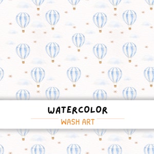 Könnte beinhalten: Aquarellmuster mit blau-weiß gestreiften Heißluftballons, Wolken und Sternen auf cremefarbenem Hintergrund. Der Text "WATERCOLOR WASH ART" wird auf einem weißen Banner angezeigt.