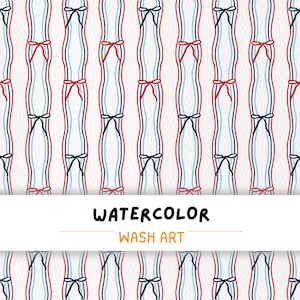 May include: A repeating pattern of vertical lines in red, blue, and white, resembling dresses with bows. The design features the text "WATERCOLOR WASH ART" in a white banner across the image. The overall aesthetic is artistic and decorative.