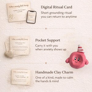 May include: Image of a self-care kit's contents, including a digital ritual card, pocket support, and a handmade clay charm. The text says "Designed for anxious moments, not perfection."