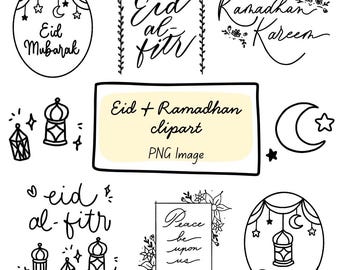 Clipart disegnato a mano Eid Mubarak Ramadhan PNG, arte digitale, download immediato per uso commerciale