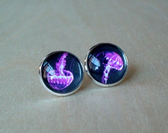 Black / Purple Jellyfishes Stud earring , Free floating ,Beautiful gift for her