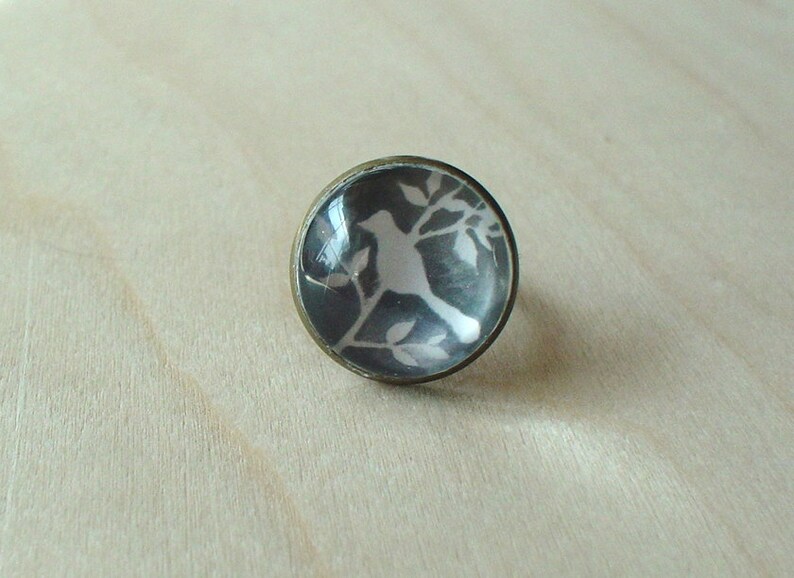 Waiting the wind Bird and tree Gray and white Ring,Sweet gift idea 20/% OFF