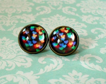 Black Multicolor Heart Shape Sparkle Light Firework Cabochon Stud Earrings,Earring Post,Cute Gift Idea