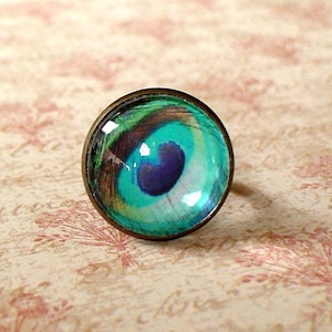 20% OFF - Light Teal Blue Peacock Eye feather  ring ,Sweet and cute gift for her