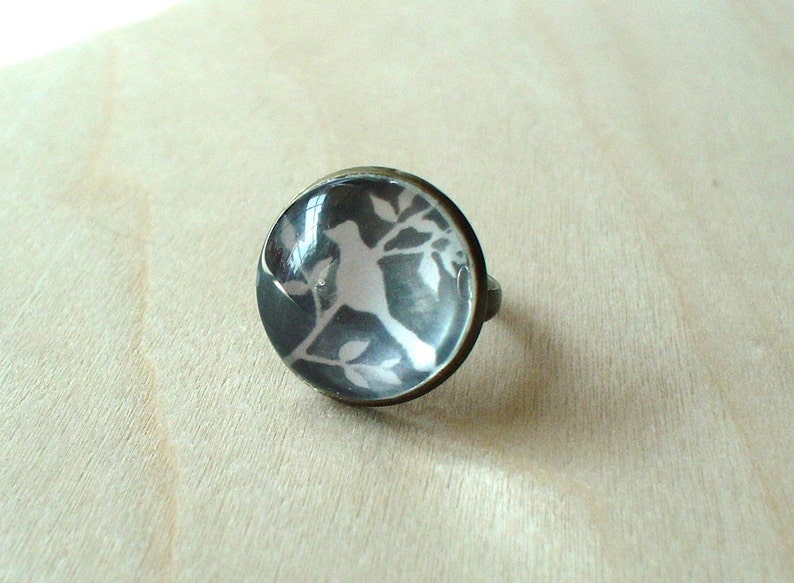 Waiting the wind Bird and tree Gray and white Ring,Sweet gift idea 20/% OFF