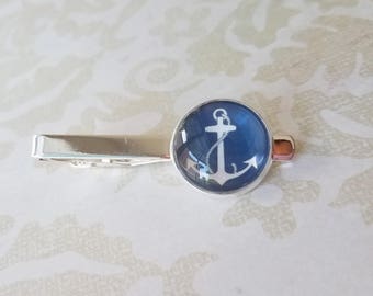 20% OFF -- 18 mm Navy Blue And White Anchor Tie clip ,Mens Accessories,Perfect Gift Idea(blue)