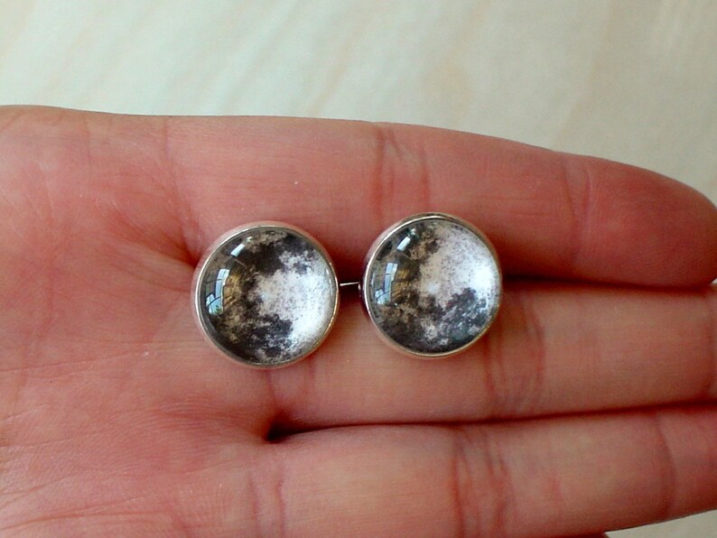 Full Moon Black and White Stud Earring,Planet,Elegant gift for her image 4