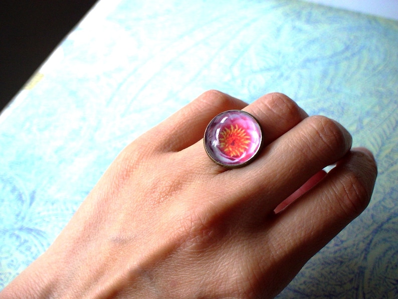 Handmade Art Jewelry Bronze Adjustable Ring Pink Lotus Flower Flora Ring 20/% OFF