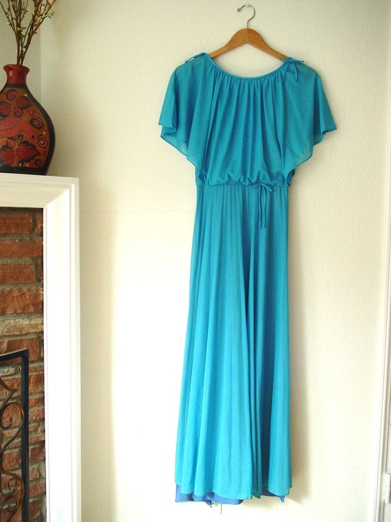 Vintage 70's Ocean Blue Flowing Knit Maxi Dress - image 1
