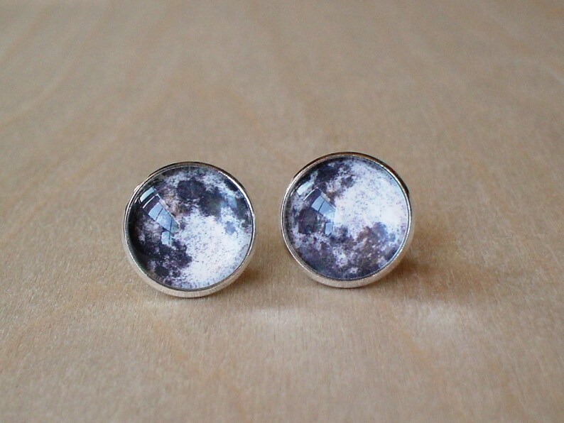 Full Moon Black and White Stud Earring,Planet,Elegant gift for her image 2