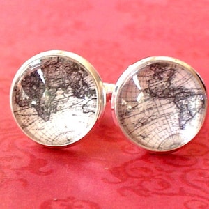 20% de descuento -- 16 mm Blanco y negro Mapa del viejo mundo Cuff Links, Accesorios para hombre, Gemelos de anclaje, Idea de regalo perfecto (BW)