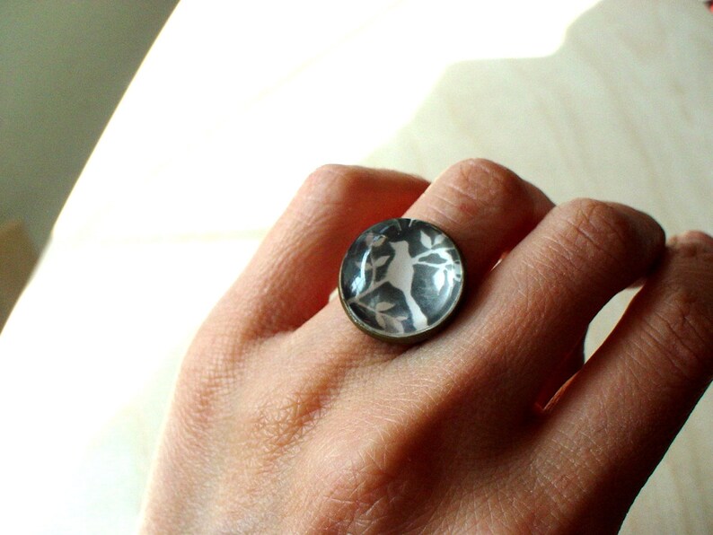 Waiting the wind Bird and tree Gray and white Ring,Sweet gift idea 20/% OFF