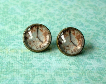 Vintage Rusty Clock  Cabochon Stud Earrings,Earring Post,Cute Gift Idea