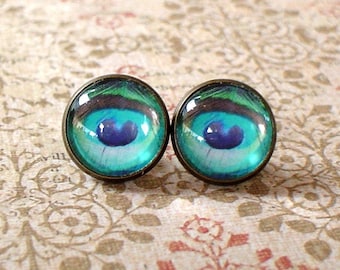 Light Teal Blue Peacock Eye feather Stud Earring Cabochon Erring,earring post,,Beautiful Gift for her,Gift Idea