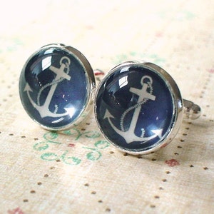 20% OFF -- 16 mm Navy Blue And White Anchor Cuff Links ,Mens Accessories,Perfect Gift Idea