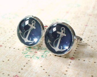 20% OFF -- 16 mm Navy Blue And White Anchor Cuff Links ,Mens Accessories,Perfect Gift Idea
