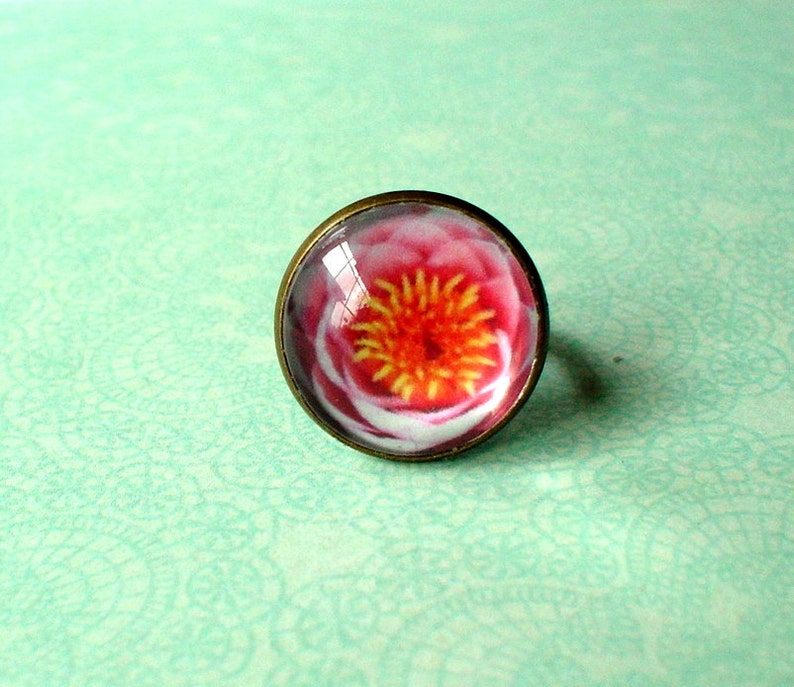 Handmade Art Jewelry Bronze Adjustable Ring Pink Lotus Flower Flora Ring 20/% OFF