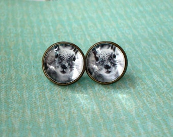 Black and white squirrel Face Animal Cabochon Stud Earring,Earring Post,Cute Gift Idea