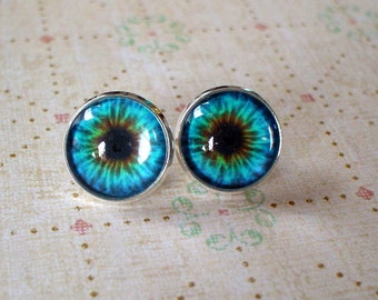 Teal Blue Iris Cabochon Stud Earrings,Earring Post,Cute Gift Idea