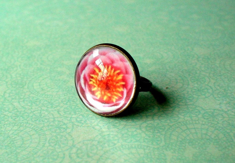 Handmade Art Jewelry Bronze Adjustable Ring Pink Lotus Flower Flora Ring 20/% OFF