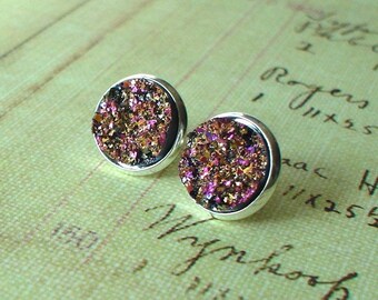 Druzy  Gold and pink round resin Sparkle Stud Earring,Earring Post,Beautiful Gift Idea