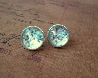 Glittering Iceberg Blue Silver and white Cabochon Stud Earrings/Great for Party,beautiful gift for her