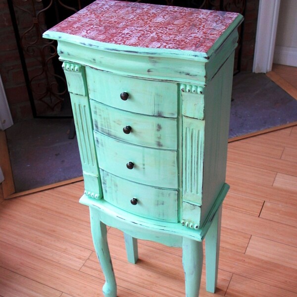 Hand painted Beautiful X Large Mint green Wooden Jewelry Box / Jewelry Armoire / Chest