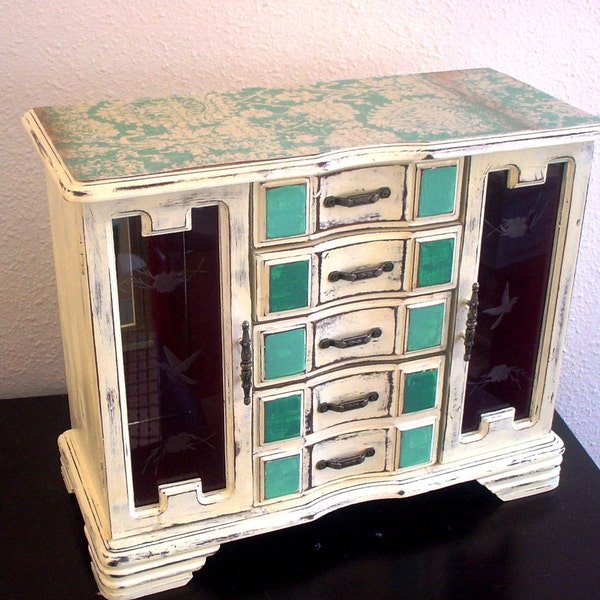 Shabby Chic Large Teal Cream  Wooden Jewelry Box (Music Box)