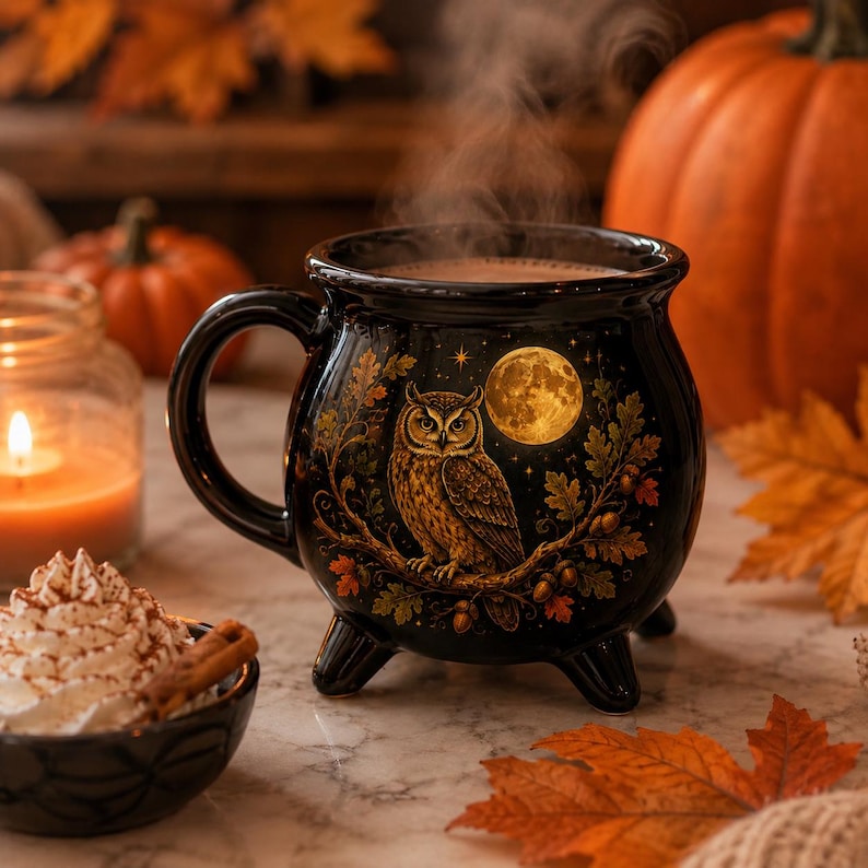 Owl Moon Cauldron Ceramic Mug, Halloween Coffee Cup, Witchy Owl Mug ...