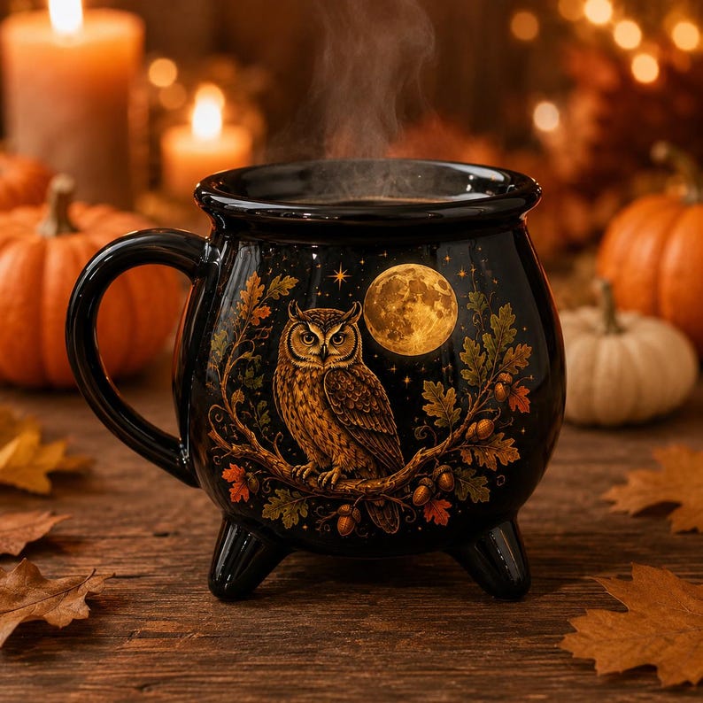 Owl Moon Cauldron Ceramic Mug, Halloween Coffee Cup, Witchy Owl Mug ...