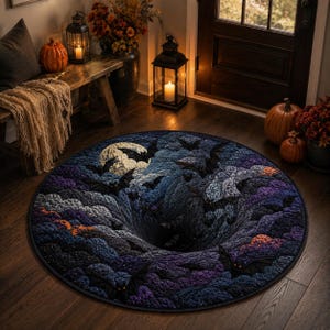 May include: A round rug featuring a dark, textured night sky scene with a central black hole vortex, a large white moon, and multiple flying bats. The design incorporates deep shades of purple, blue, and black with orange cloud accents.