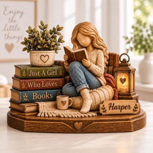 May include: A figurine of a person with long hair reading a book while sitting on a stack of books labeled Just A Girl, Who Loves, Books. It includes a small potted plant, a mug, a lantern with a heart, and a sign with the name Harper.