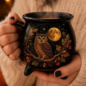May include: A black cauldron-shaped ceramic mug featuring a detailed illustration of a brown owl perched on an oak branch with acorns. A large, glowing yellow full moon and small stars are depicted in the background against the dark surface.