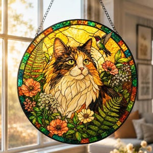 May include: A circular stained glass suncatcher featuring a long-haired calico cat surrounded by vibrant orange and white flowers, green ferns, and a small hummingbird. The piece is framed by a dark border and hangs from a metal chain.