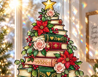 May include: A stained glass suncatcher shaped like a Christmas tree made of stacked books, decorated with red poinsettias, pink roses, and green leaves. A yellow star sits at the top, and the design features gold accents and red berries.