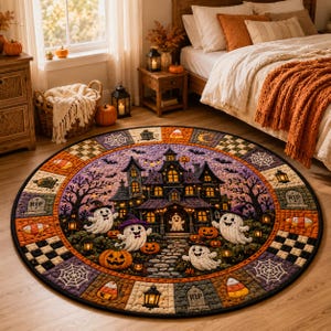 Halloween Quilted Round Rug, Spooky Haunted House Circle Area Rug, Cute Ghost Pumpkin Patchwork Floor Mat, Vintage Halloween Home Decor