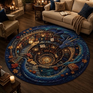 May include: A round area rug featuring a detailed illustration of a blue dragon coiled around a spiraling library with shelves of books, glowing lanterns, and scattered autumn leaves. The design creates a deep, immersive perspective effect.