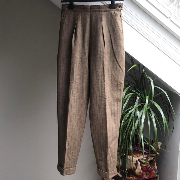 Vintage Ralph Lauren Pressed Trousers Womens 6 28" 28W Androgynous Unisex Pleat Herringbone Tweed Brown Preppy Office Newsboy Mens Boyfriend