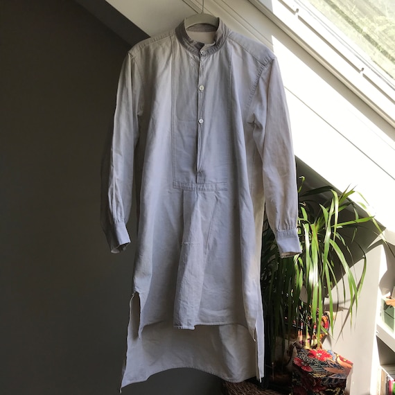 Vintage Antique French Work Shirt Linen Canvas Tunic Mending Long 