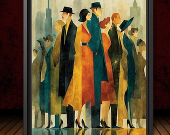 Art Deco City Crowd Wall Art Print, Elegant Vintage Figures Modern Urban Illustration Decor