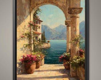 Italian Lakes Wall Art, Mediterranean Archway Print, European Villa Landscape Decor