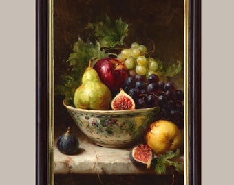 Vintage Fruit Bowl Still Life Art Print, Classical Kitchen Wall Decor, Old World Painting