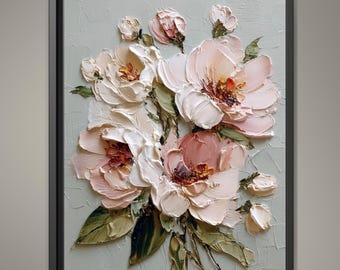 Modern 3D Effect Textured Floral Wall Art Print, Pastel Impasto Flowers, Luxury Painting Decor