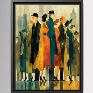 May include: A framed art print featuring a stylised illustration of a crowd of people in a city. The figures wear coats and hats in shades of orange, teal, brown, and black. The background depicts tall, muted skyscrapers in a vertical composition.